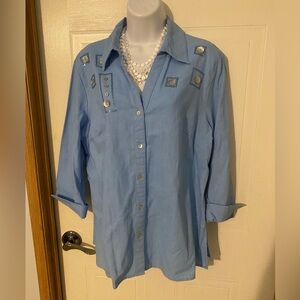 Linen blend button up three quarter sleeve top blouse cottage-core granny-core